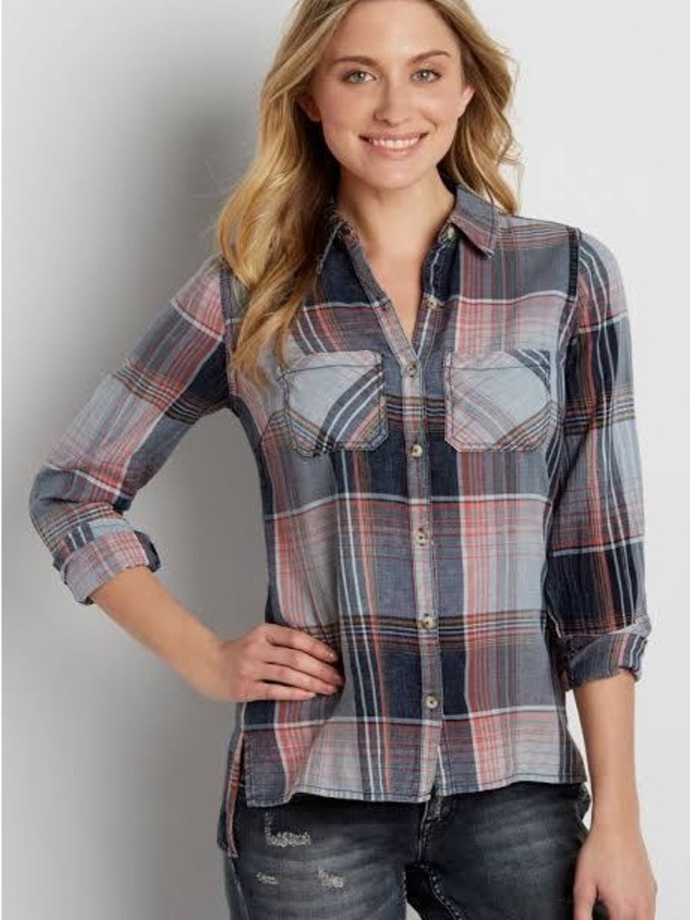 Passport Plaid Button-Down Shirt in Blue and Pink. Small